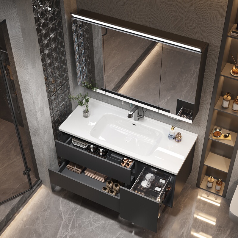 New Japanese-Style Pull-Out Bathroom Cabinet with Integrated Ceramic Basin, Bathroom Sink, Washbasin, and Cabinet Set New Japanese-Style Pull-Out Bathroom Cabinet with Integrated Ceramic Basin, Bathroom Sink, Washbasin, and Cabinet Set