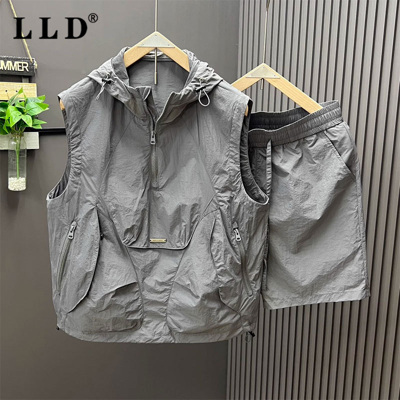 Workwear Casual Sports Suit for Men, Summer Thin Breathable Trendy Brand Loose Hooded Sleeveless Vest Shorts Two-Piece Set