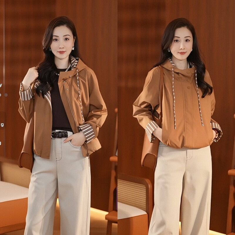 Lesamis·「Zurich Autumn」Old Money Style Lightweight Outdoor Striped Color-Block Hooded Jacket B342002921