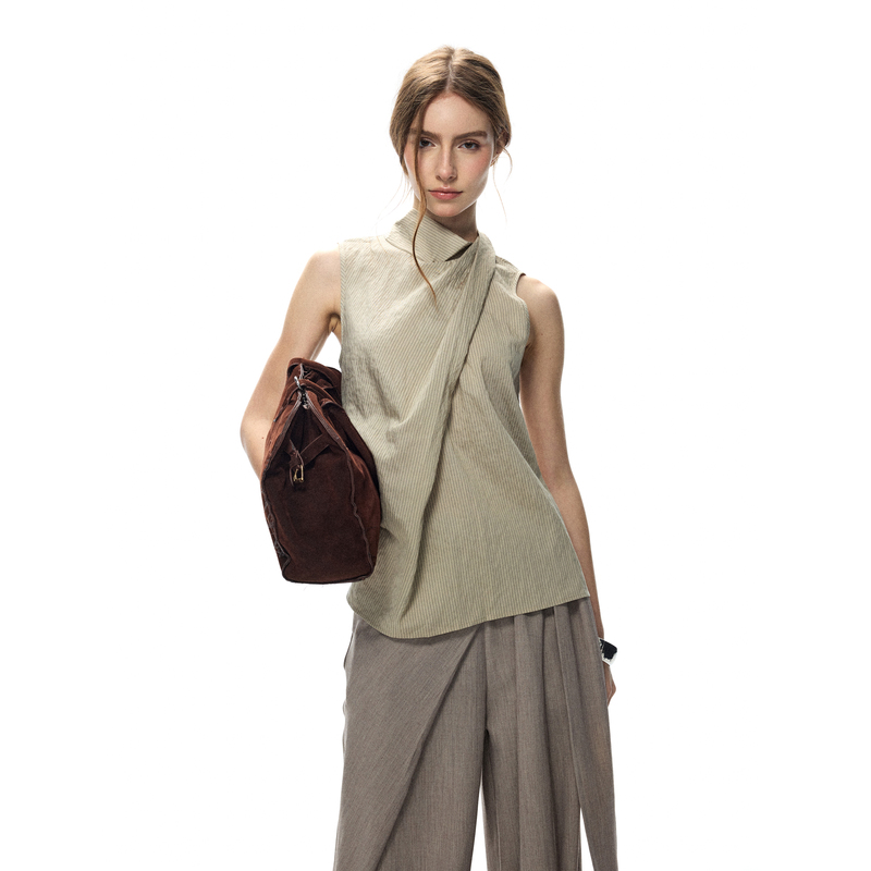 No3Kou Striped Old Money Style Commuter Irregular Half-High Collar Tie Slimming Textured Pleated Sleeveless Shirt No3Kou Striped Old Money Style Commuter Irregular Half-High Collar Tie Slimming Textured Pleated Sleeveless Shirt