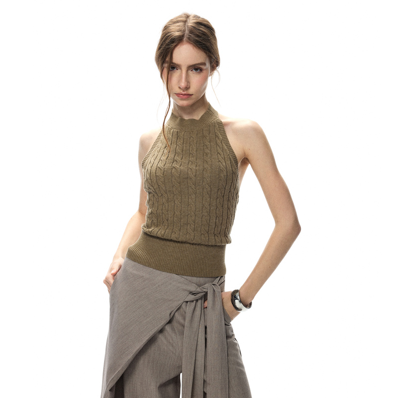 No3Kou'Frost Stream Moss' Cable Knit Vintage Money-Style Slim-Fit Halter Neck Camisole Short Top