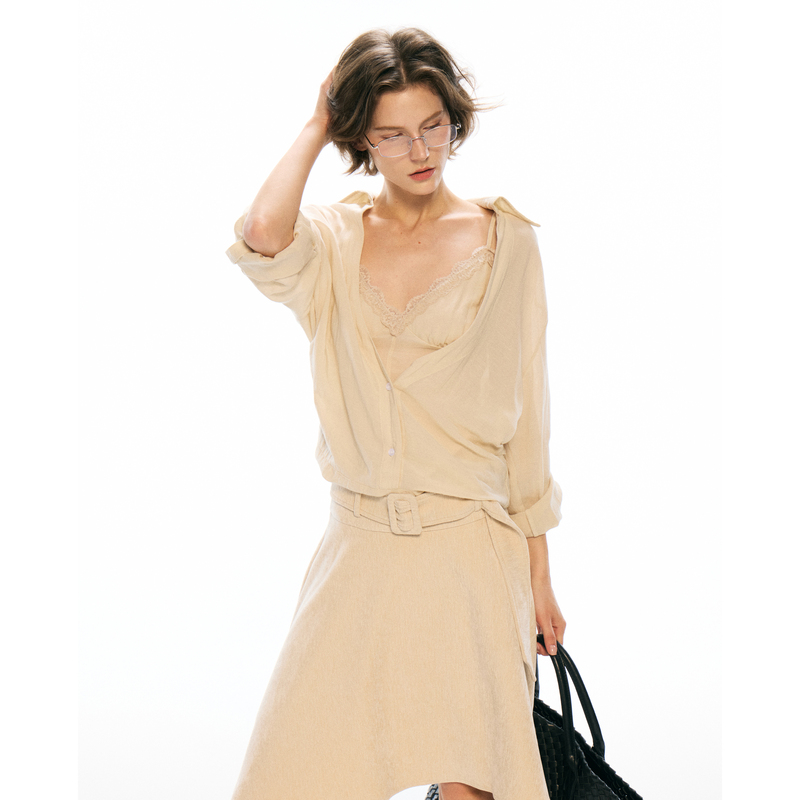 No3Kou Tencel Acetate Misty Apricot Fake Two-Piece Camisole V-Neck Lace Trim Loose Lazy Off-Shoulder Shirt