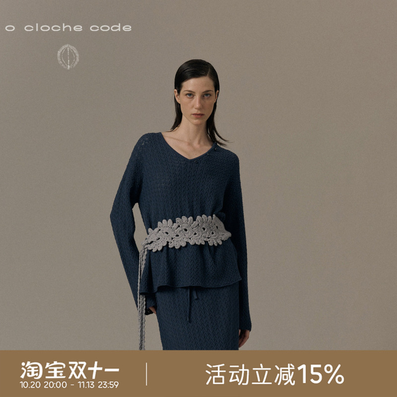 O Cloche Code纽扣飘带宽松上衣_50%美利奴羊毛50%棉