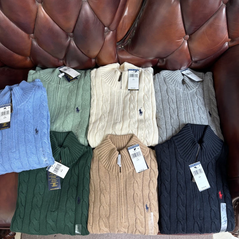 Authentic Ralph Lauren Men's Half-Zip Knit Sweater, Pure Cotton Cable Knit with Horse Logo Authentic Ralph Lauren Men's Half-Zip Knit Sweater, Pure Cotton Cable Knit with Horse Logo