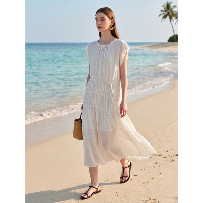 Sue.M Tencel Cooling Cake Short Sleeve Long Dress 26 Summer Women's Elegant Vacation Commuting Dress