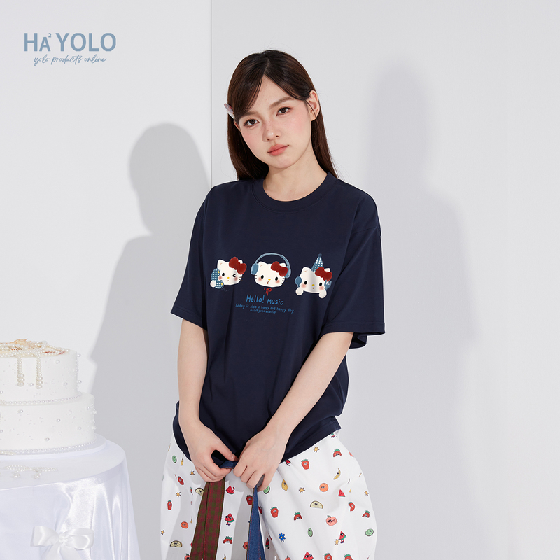Hahayolo Fun and Sweet Graffiti Hello Kitty Print Short-Sleeved Cute Simple Pure Cotton Loose Niche T-Shirt