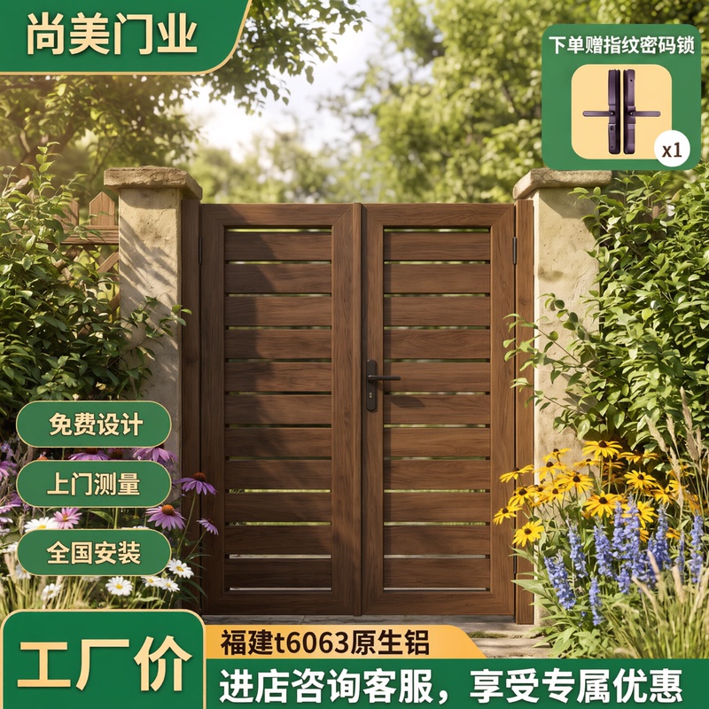 Outdoor Wood-Grain Aluminum Alloy Double-Door Courtyard Gate, Simple and Elegant Villa Courtyard Door, Rust-Proof Main Gate for Rural Self-Built Houses