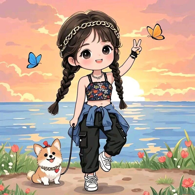 New Healing-Style Cartoon Girl Decorative Stickers for Living Room, Study, Bedside, Bedroom, Study, Pvc with Self-Adhesive Backing