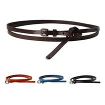 Genuine leather womens belt thin belt with two circles fashionable Korean style knotted double circle decoration with first layer cowhide