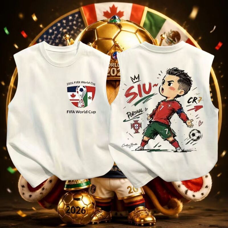 Cristiano Ronaldo and Messi Children's Pure Cotton Vest 2026 Summer Parent-Child Outfit Haaland Neymar Football T-Shirt Trendy Cristiano Ronaldo and Messi Children's Pure Cotton Vest 2026 Summer Parent-Child Outfit Haaland Neymar Football T-Shirt Trendy