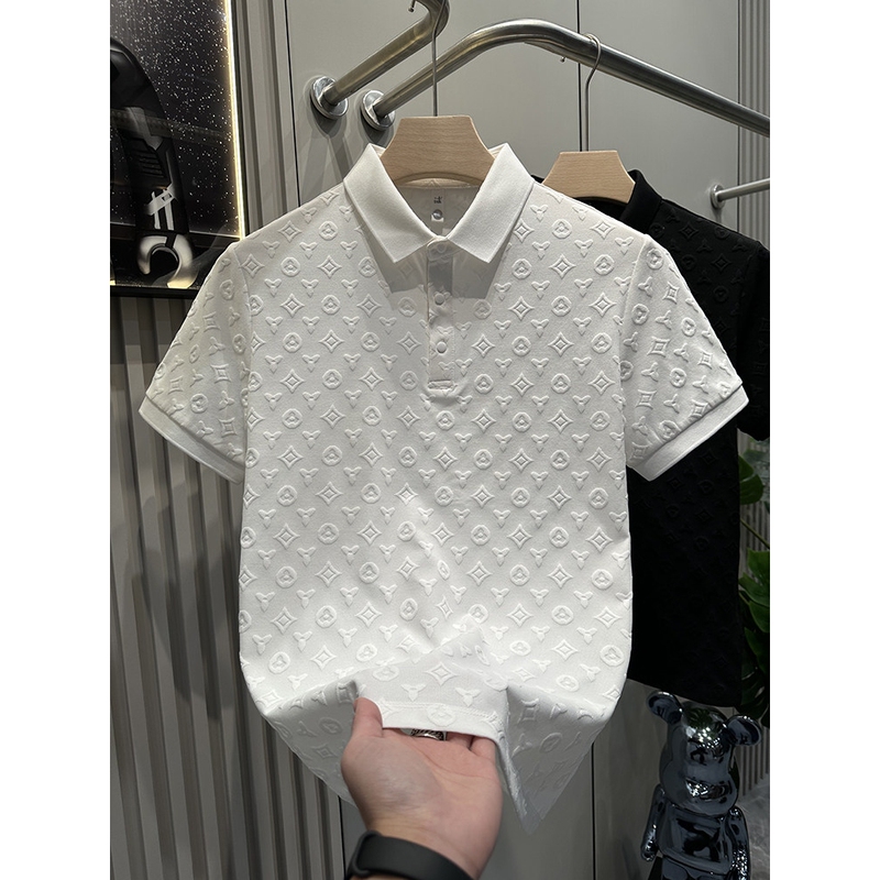 Lvаfgn Official Website Trendy European Brand Plaid Pattern Short-Sleeve Polo Shirt for Men, Light Luxury Style, Solid Color Casual Turn-Down Collar