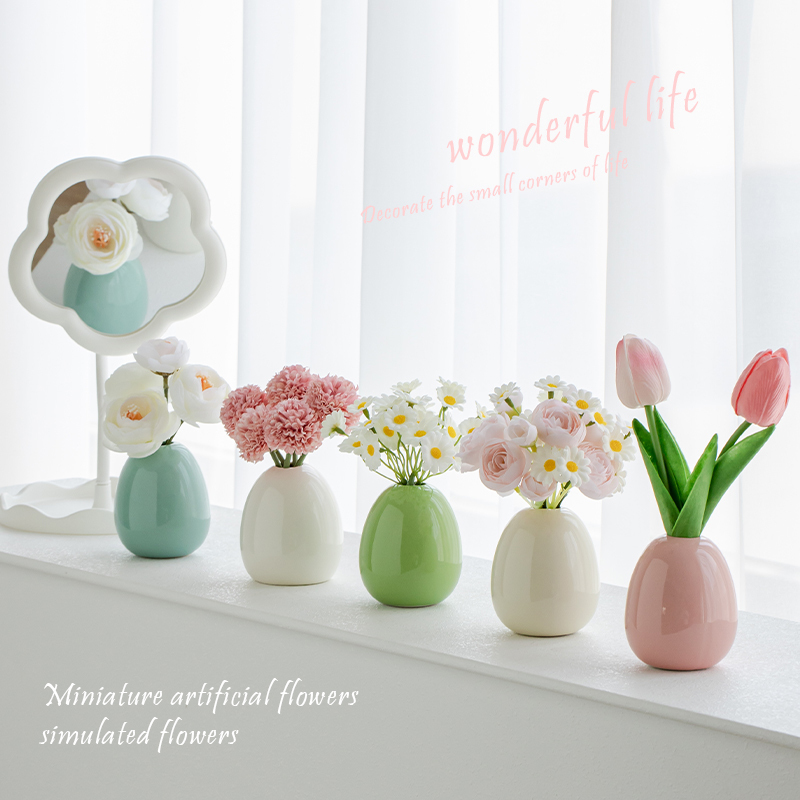 ins Wind Tulip Artificial Flower Desktop Ornament Small Daisy Fake Flower Ceramic Vase Cream Living Room Bedroom Decoration