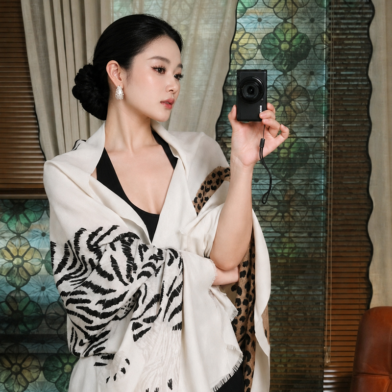 Retro Old Money Style White Leopard Print Shawl for Women, High-End Summer Air-Conditioned Room Cape, Thin Scarf Retro Old Money Style White Leopard Print Shawl for Women, High-End Summer Air-Conditioned Room Cape, Thin Scarf