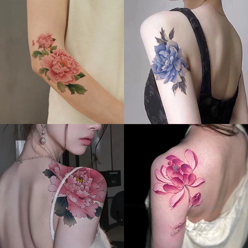 New Chinese-Style High-Quality Peony and Lotus Colorful Tattoo Stickers for Arms, Waterproof, Long-Lasting, Realistic, Washable for Women