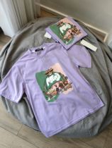 Parent-child tops summer round neck T-shirt purple pot belly cat 100% cotton childrens T-shirt