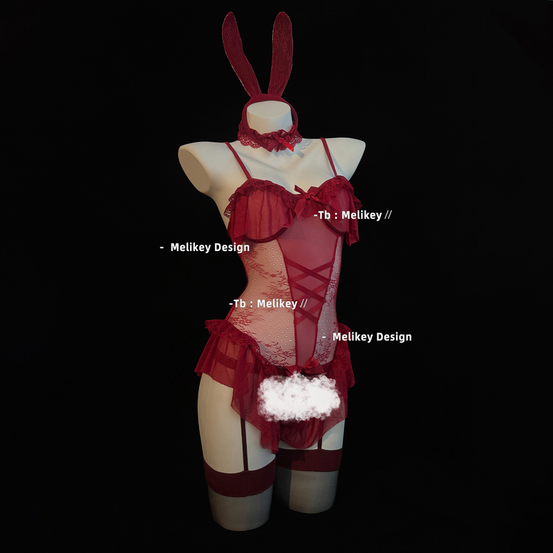 Red Bunny Girl Costume Lace Temptation Open Crotch No Need to Take Off Battle Robe Qqny Lingerie