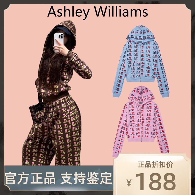 [Official Authentic] Ashley Williams Full Print Sweatshirt Women's Letter Print Hooded Cardigan Jacket Autumn