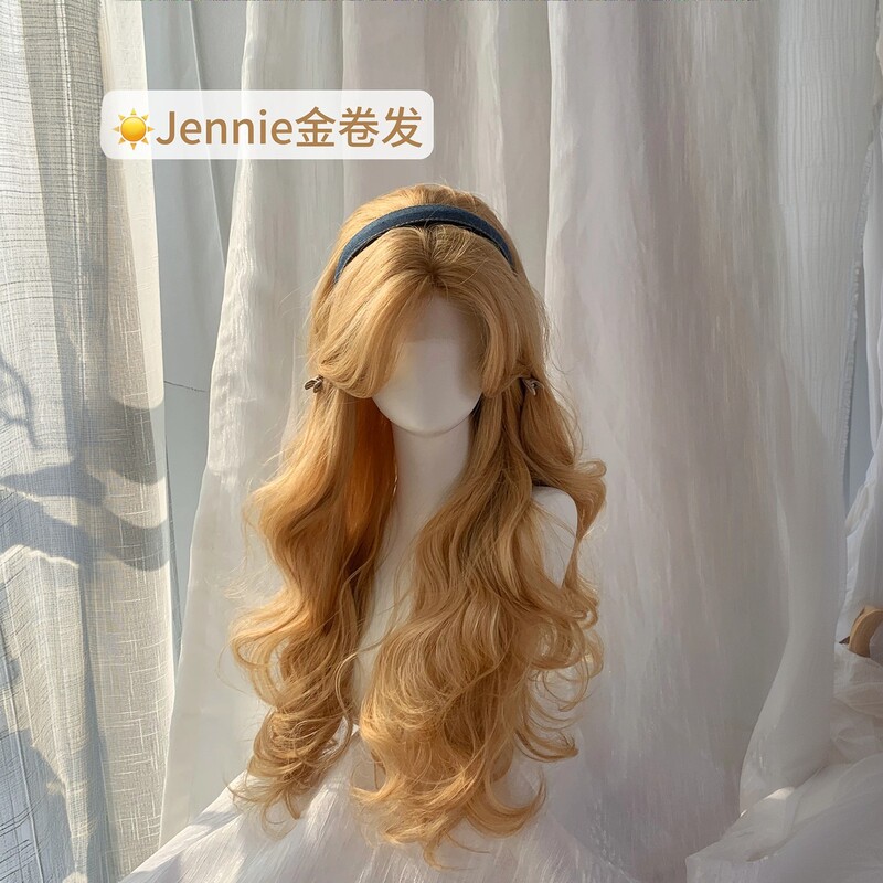 Jenny Linen Sand Gold Long Curly Wig for Women Full Head Cover Small Lace Bangs Universal Cosplay