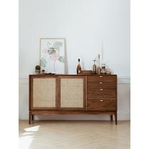 Nordic black walnut sideboard tea cabinet long side cabinet storage cabinet rattan TV cabinet storage cabinet