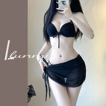 Lunmi small breast flat chest bikini thick breast pads gathered to show breast swimsuit european and american sexy bra with steel support hot spring