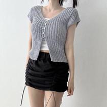 Korean chic summer niche versatile V-neck buttoned slit design versatile slimming hollow short-sleeved sweater for women