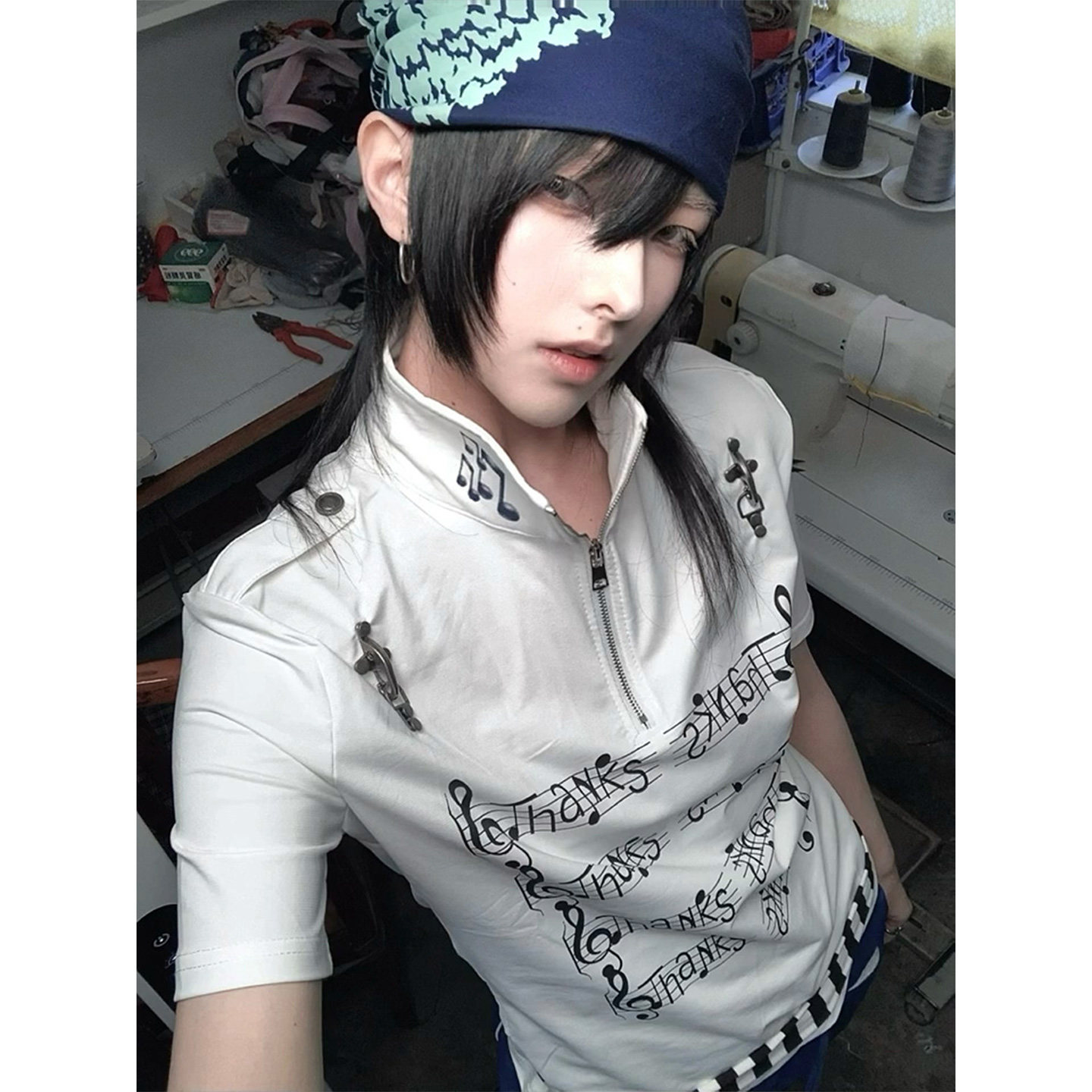 Y2K Subculture Straight Shoulder Short Sleeve Women's Summer New Musical Note Print Visual Style Mid-Sleeve T-Shirt Light Asian Style Top Trendy