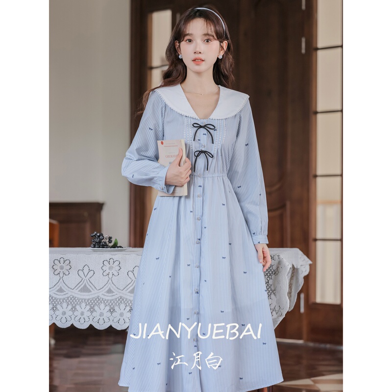 Jiangyuebai Art Academy Style Women's New Spring and Autumn Sweet Style Navy Collar Blue Striped Dress for Teaching Qualification Interview