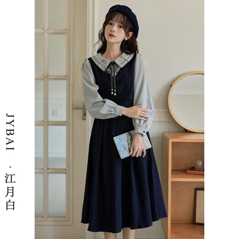 Jiangyuebai French Retro Color-Blocked Faux Two-Piece Dress for Women, New Autumn and Winter Style, Petite Size, Suitable for Teaching Interviews and Commuting