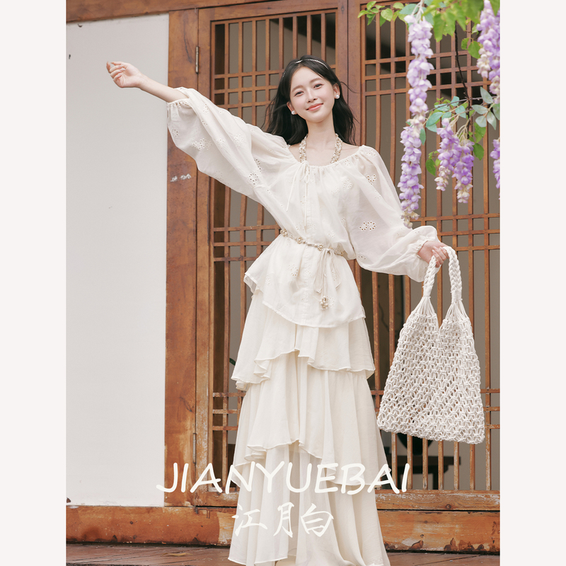 Jiangyuebaiposi Bohemian Early Spring New Women's Hollow-Out Lantern Sleeve Blouse Cake Dress Gentle Two-Piece Set
