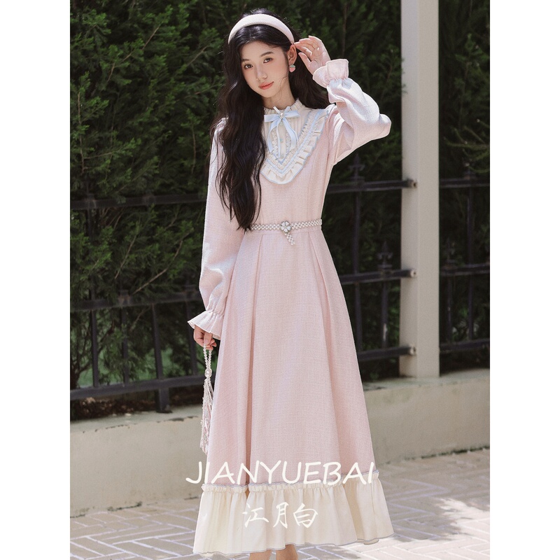 Jiangyuebai Sweet and Artistic Style Women's New Autumn and Winter Pink Doll Collar Waist-Cinching Slimming Simple Elegant Long Dress