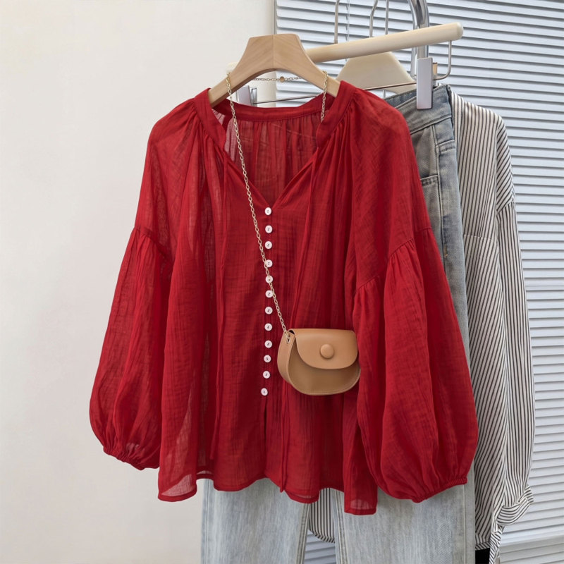 Extra Large Size 150kg Plus-Size High-End Red V-Neck Long-Sleeved Shirt, Early Autumn New Style, Loose, Slimming, and Stylish Top Extra Large Size 150kg Plus-Size High-End Red V-Neck Long-Sleeved Shirt, Early Autumn New Style, Loose, Slimming, and Stylish Top