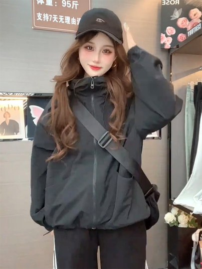 Kurze Kapuzenjacke mit Kordelzug für Damen 2025, Frühling und Herbst, koreanischer Stil, ausländischer Stil, vielseitiges Freizeitjacken-Oberteil