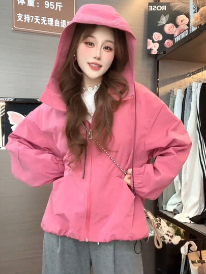 Kurze Kapuzenjacke mit Kordelzug für Damen 2025, Frühling und Herbst, koreanischer Stil, ausländischer Stil, vielseitiges Freizeitjacken-Oberteil
