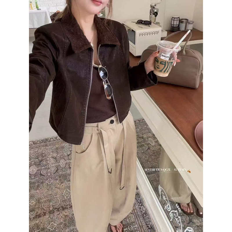 Lapel Flocked Leather Fabric Short Zip-Up Biker Jacket