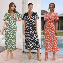 2024 Fresh and Sweet Printed V-neck A-line Mid length Dress