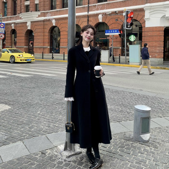 Black handmade wool waist-closed long double-sided wool coat