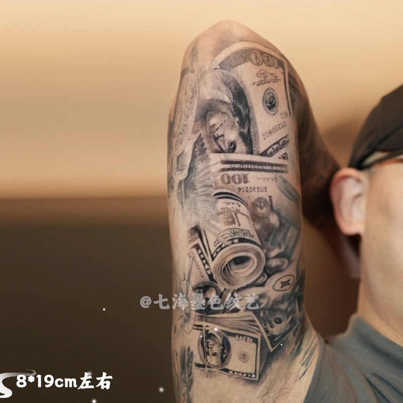 European and American Style Large-Area Realistic Tattoo Dollar Storm Herbal Tattoo Sticker Half-Arm Flower Arm Long-Lasting Sticker