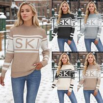 Womens SKI Letter Print Pullover Sweater Winter Long Sleev