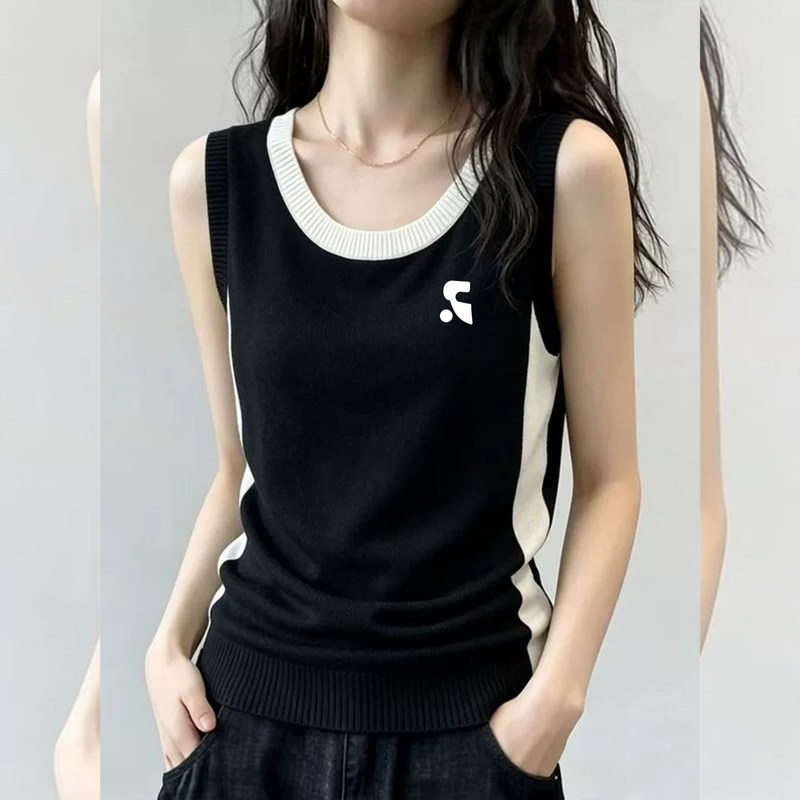 Official Genuine Rr Vephf Color-Blocked Knitted Base Shirt Vest for Women 2026 Summer New Black Sleeveless Top