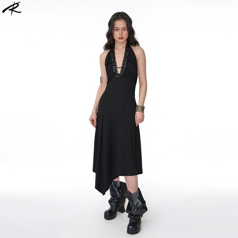Rip the Tie Beaded V-Neck Irregular Backless Dress Stretchy Casual Vintage Date Simple Dark Style Rip the Tie Beaded V-Neck Irregular Backless Dress Stretchy Casual Vintage Date Simple Dark Style