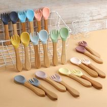 2pcs set Food Grade Silicone Mini Fork Spoon For Baby Wooden
