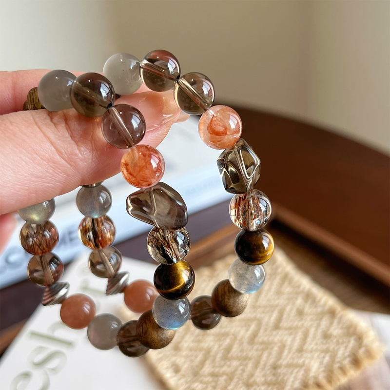 【Black Warrior】Natural Citrine Bracelet Agarwood S925 Silver Gray Moonlight White Crystal Multi-Gem Red Agate Flower Bracelet for Women