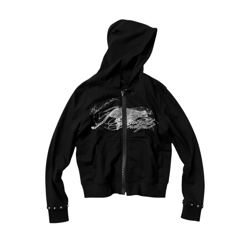 Saxgenwon「Sgw」Large Zipper Silver Phantom Cheetah Print Studded Hooded Slim Fit Sweatshirt