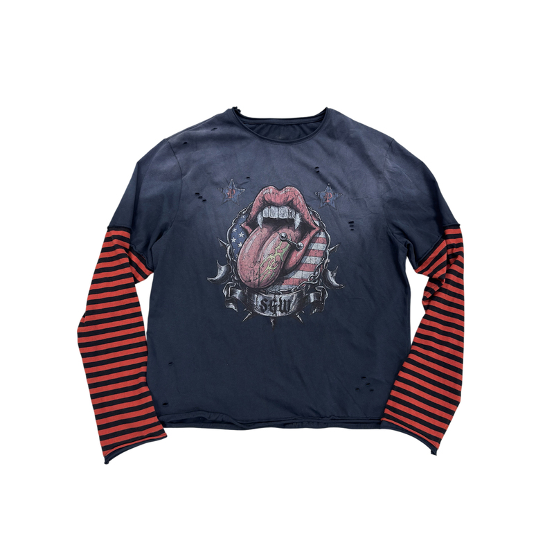 Saxgenwon'Sgw' Rock Punk Rolling Stones Large Tongue Print Washed Rolled Edge Striped Faux Two-Piece Long Sleeve Saxgenwon'Sgw' Rock Punk Rolling Stones Large Tongue Print Washed Rolled Edge Striped Faux Two-Piece Long Sleeve