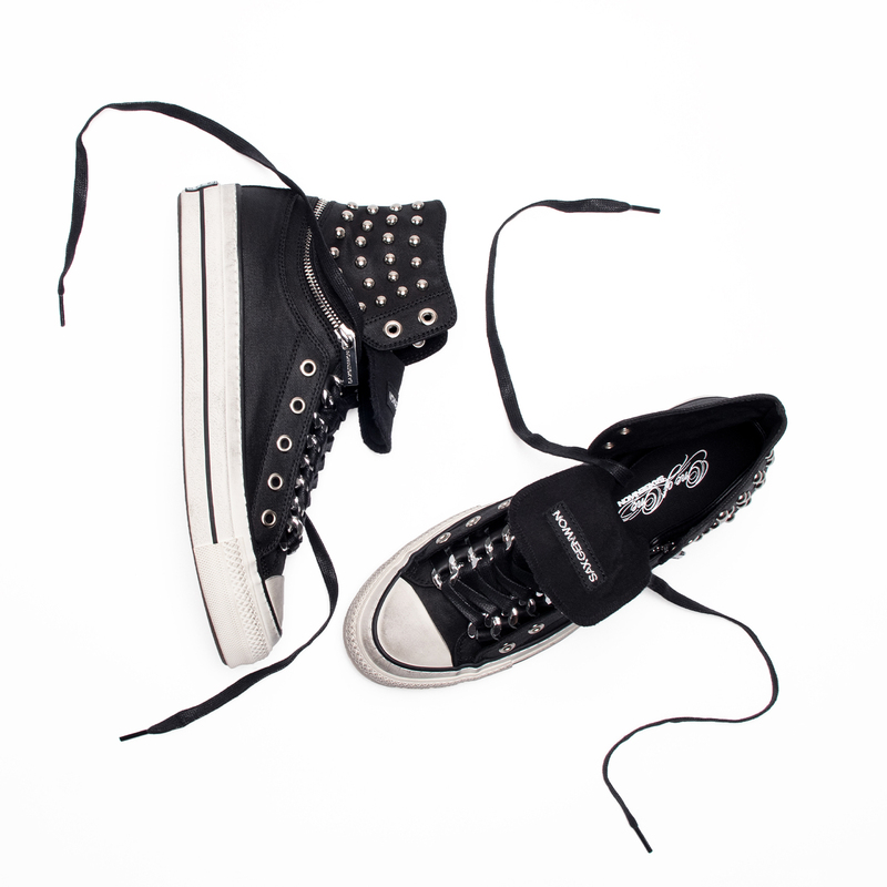 Saxgenwon'Sgw' Star-Studded High-Top Zip-Up Detachable Low-Top Waxed Distressed Rivet Vulcanized Canvas Sneakers