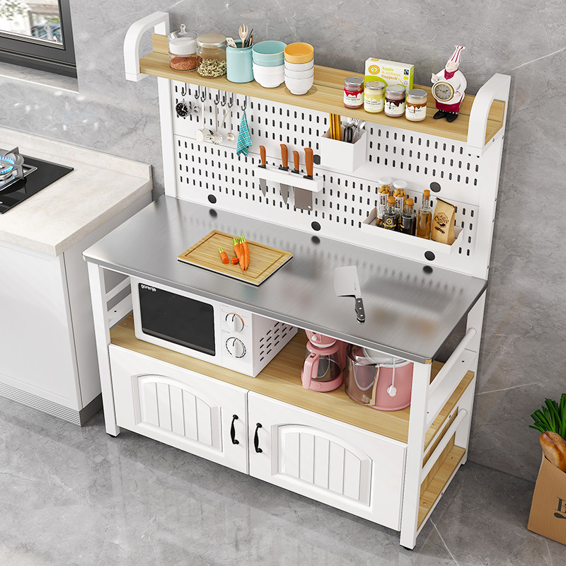 Kitchen stainless steel operating table, vegetable cutting table, hole plate with B rack, floor-standing multi-layer storage rack, multi-functional dining side