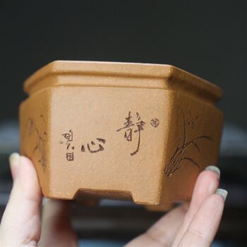 Purple sand flower pot carved small pot handmade bonsai pot green mud f slope mud su bing famous pot six square calamus pot