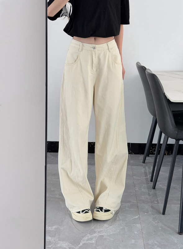 Yy 71m White Opaque Straight-Leg Jeans with Patchwork Design, Unisex Style