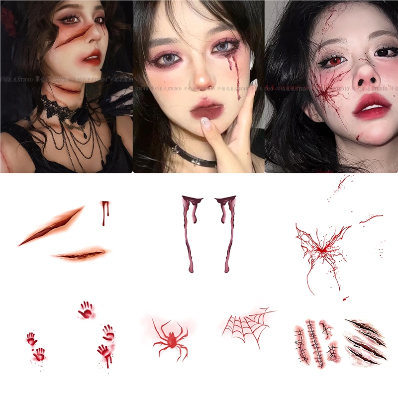 Dark Style Halloween Realistic Makeup Face Stickers Cosplay Tattoo Stickers Washable Sweat-Proof Cheek Sweet Cool Colorful