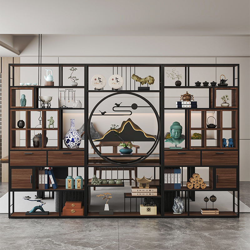 New Chinese-Style Wrought Iron Display Shelf, Tea Room Storage Rack, Office Partition Bookshelf, Storage Shelf, Tea Display Cabinet, Floor-Standing New Chinese-Style Wrought Iron Display Shelf, Tea Room Storage Rack, Office Partition Bookshelf, Storage Shelf, Tea Display Cabinet, Floor-Standing